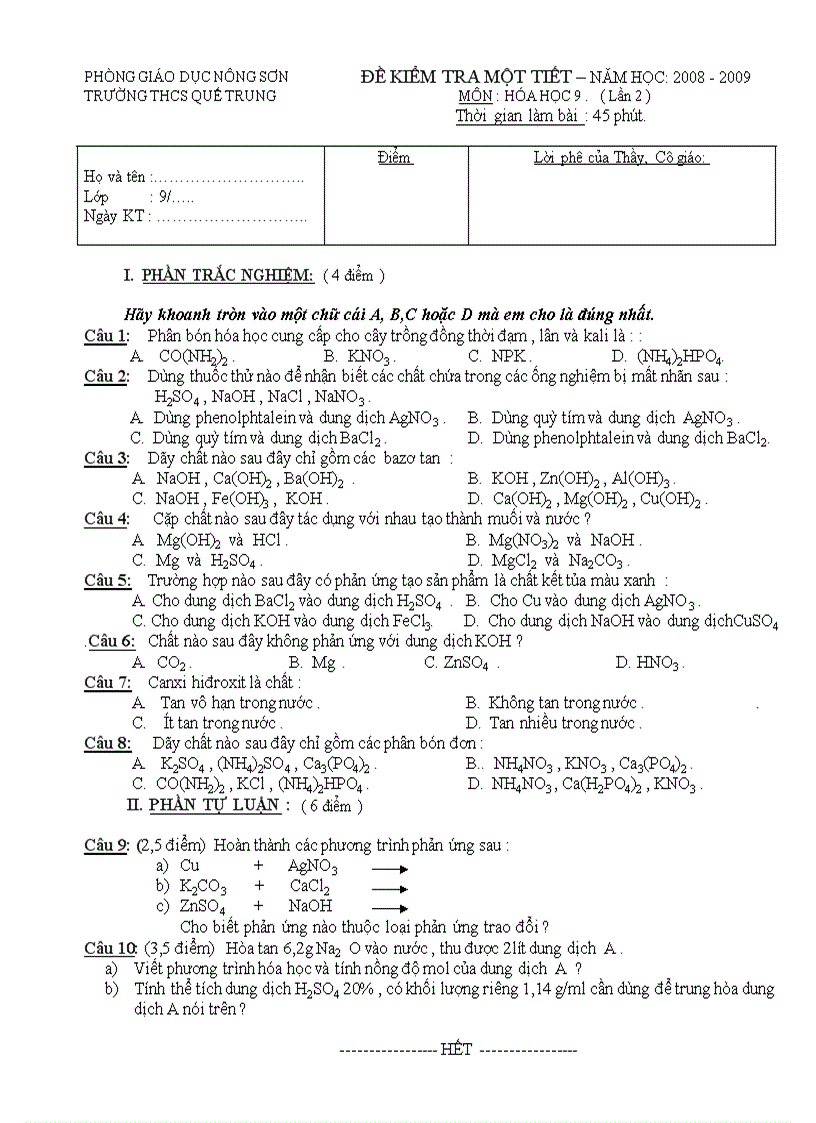 Đề kiểm tra lần 1 tiết 10 hóa học 9