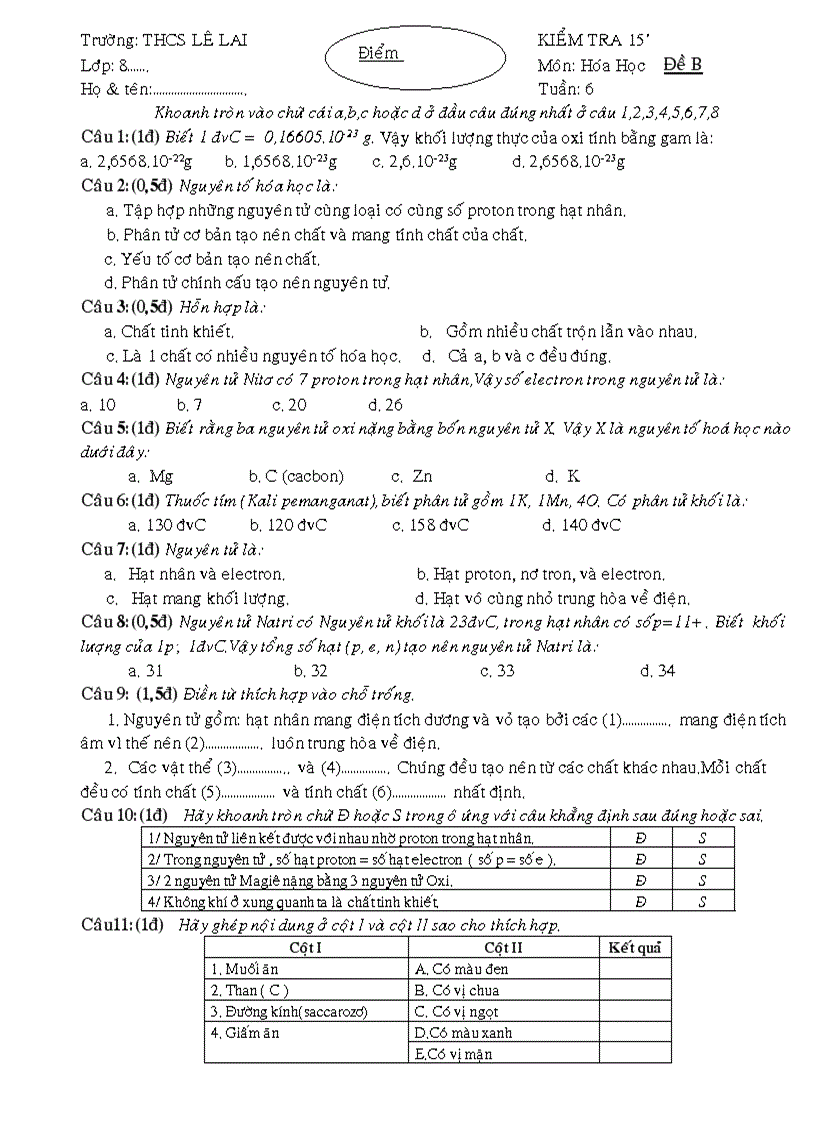 Kiểm tra 15 phút hóa 8 lần 1 2đề