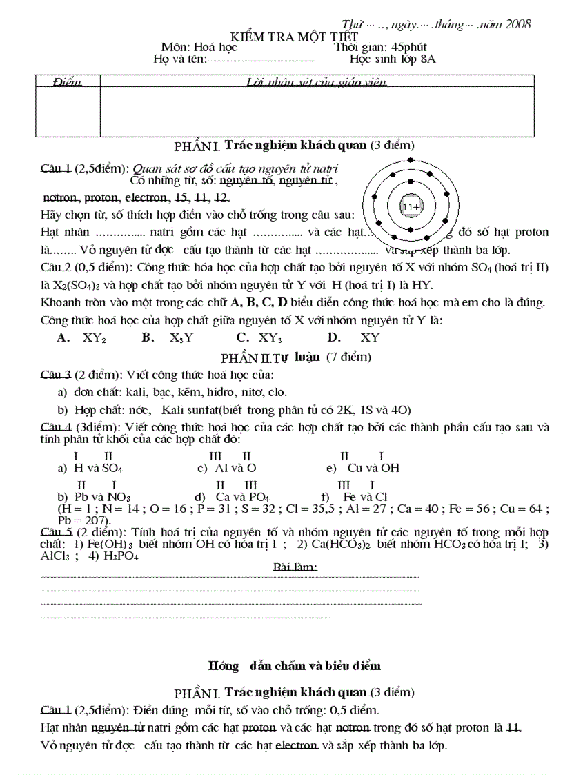 Kiểm tra một tiết Hóa 8 Bài số 1