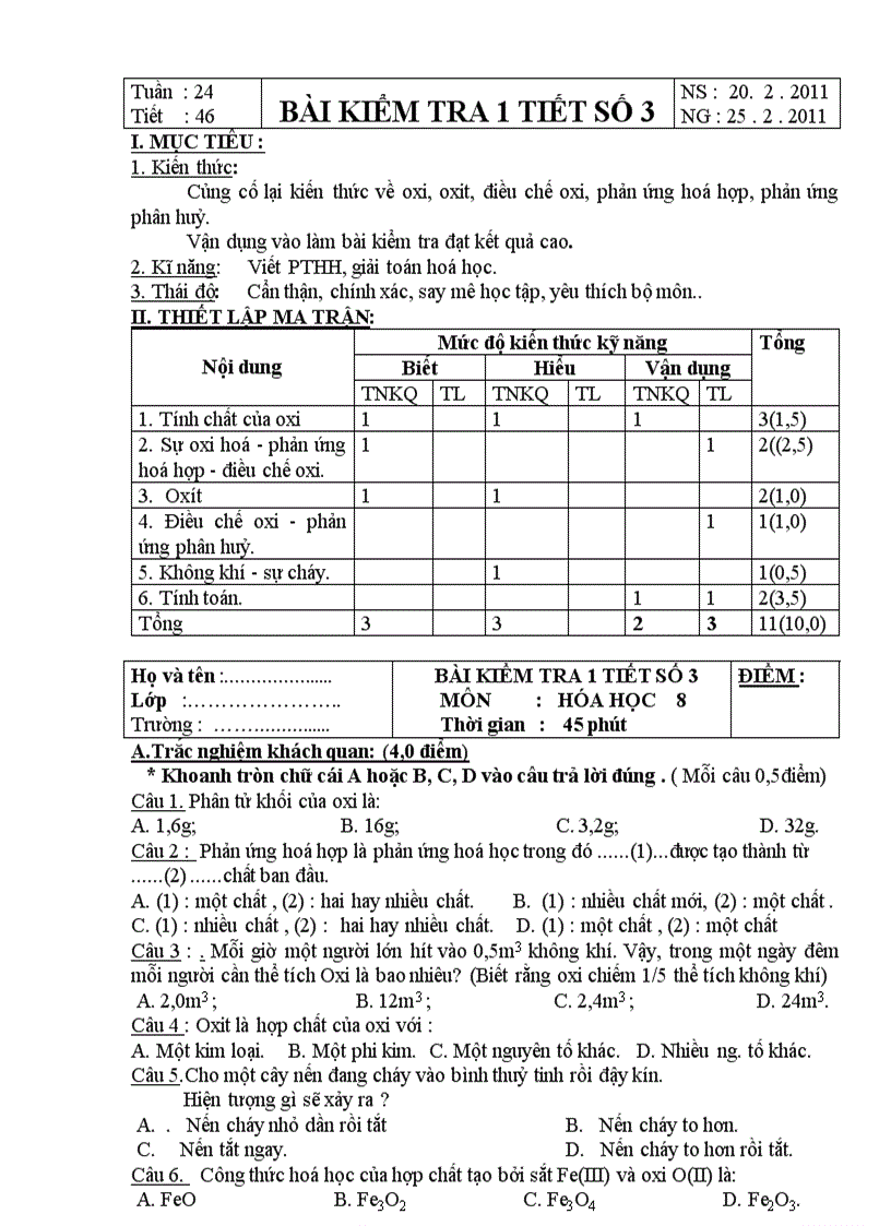 Tiết 46 Bài Ktra 1 tiết số 3 Hóa 8 CKT