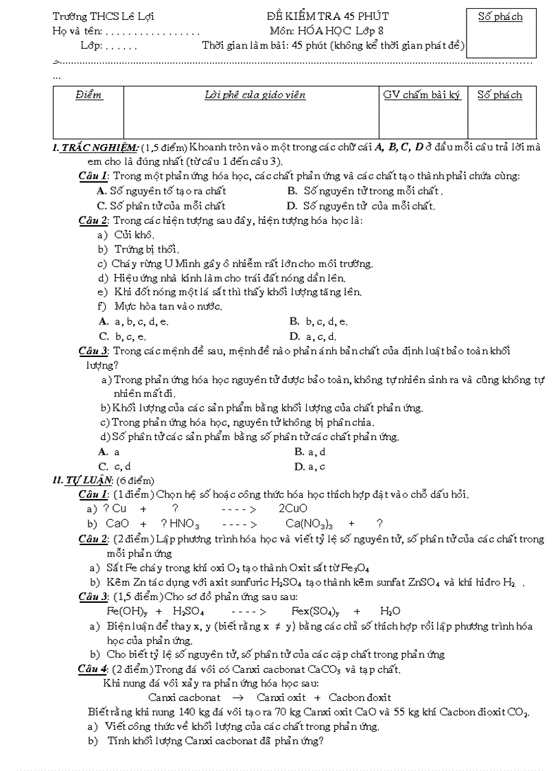 Đề KT hóa 8 1