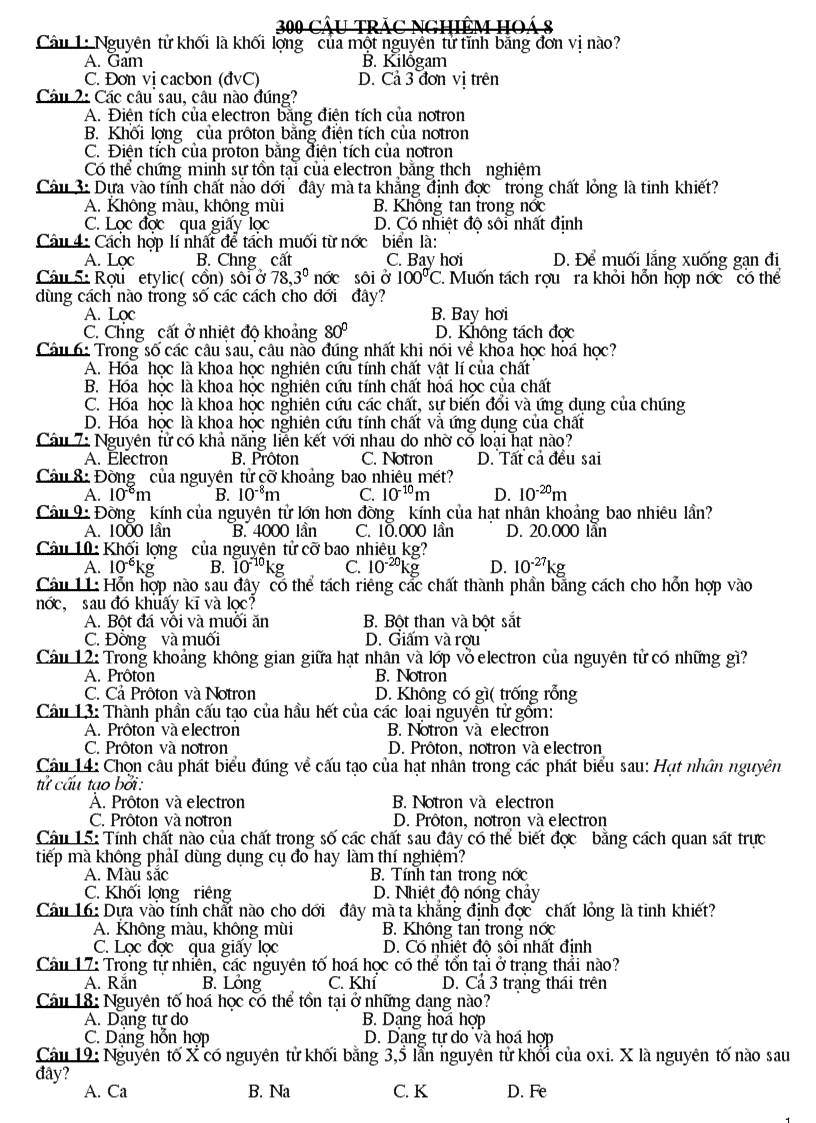 Tap cau hoi TN Hoa 8