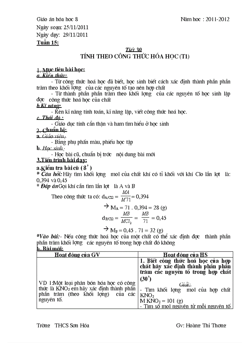 Tiết 30 tính theo công thức hóa học t1