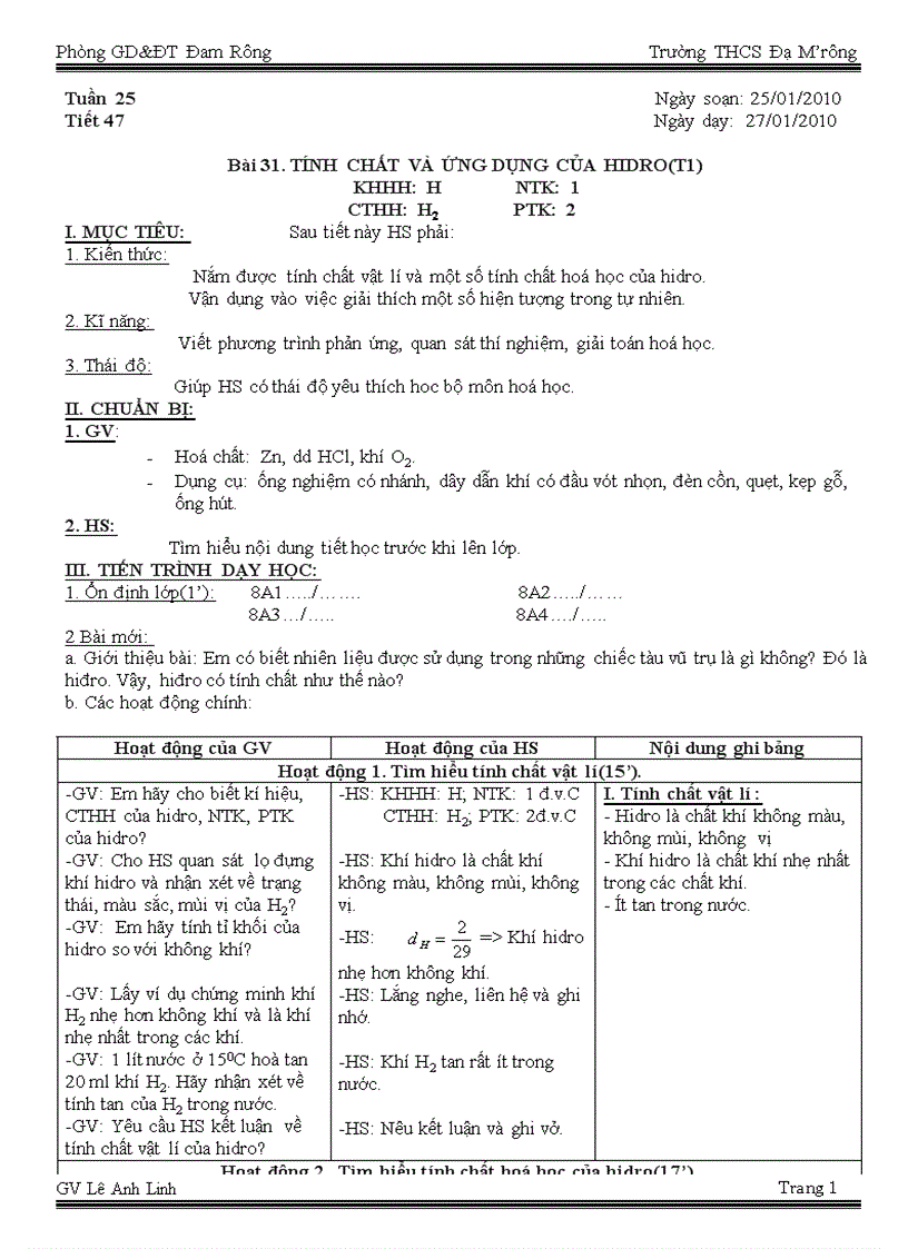 Tuần 25 Tiết 47 48 Tính chất Ứng dụng của hidro