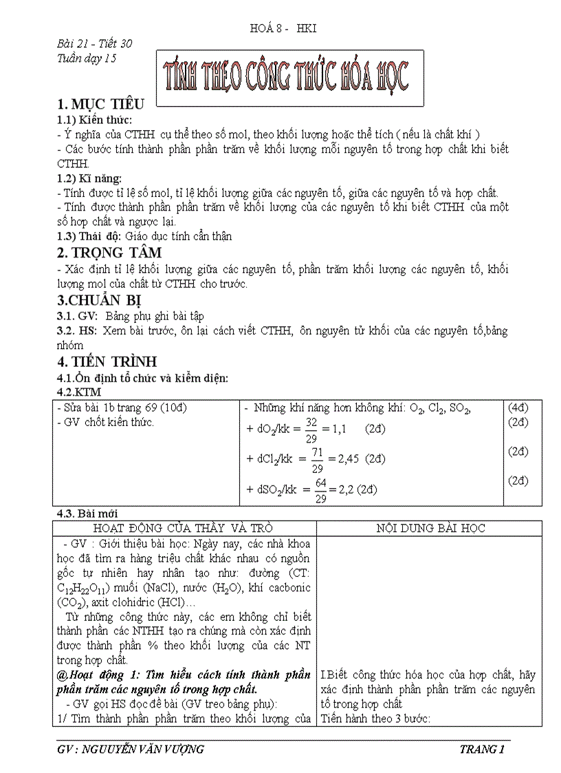 Tiết 30 tính theo CTHH hóa 8 nh 2011 2012