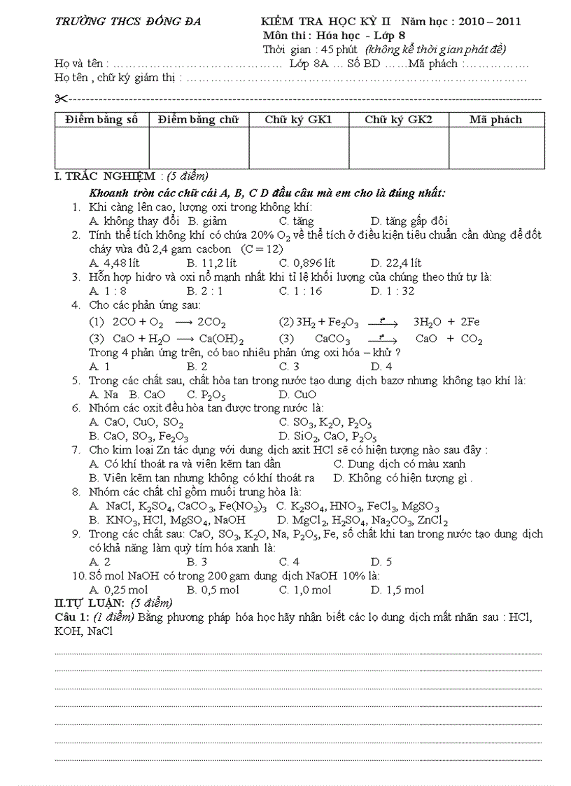 Kiểm tra HKII Hóa 8