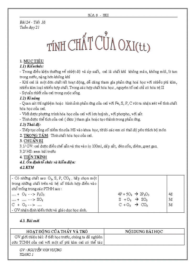 Tiết 37 tính chất của oxi hk2