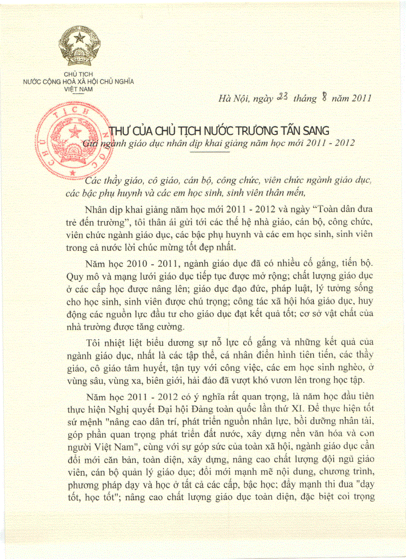 Thư cuả chủ tịch nước gửi học sinh năm học 2011 2012