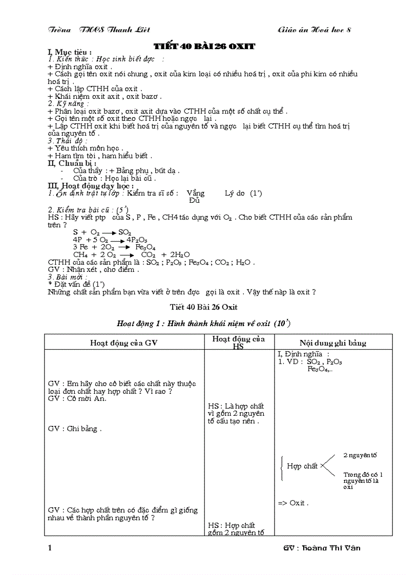 Tiết 40 Bài 26 Oxit 1