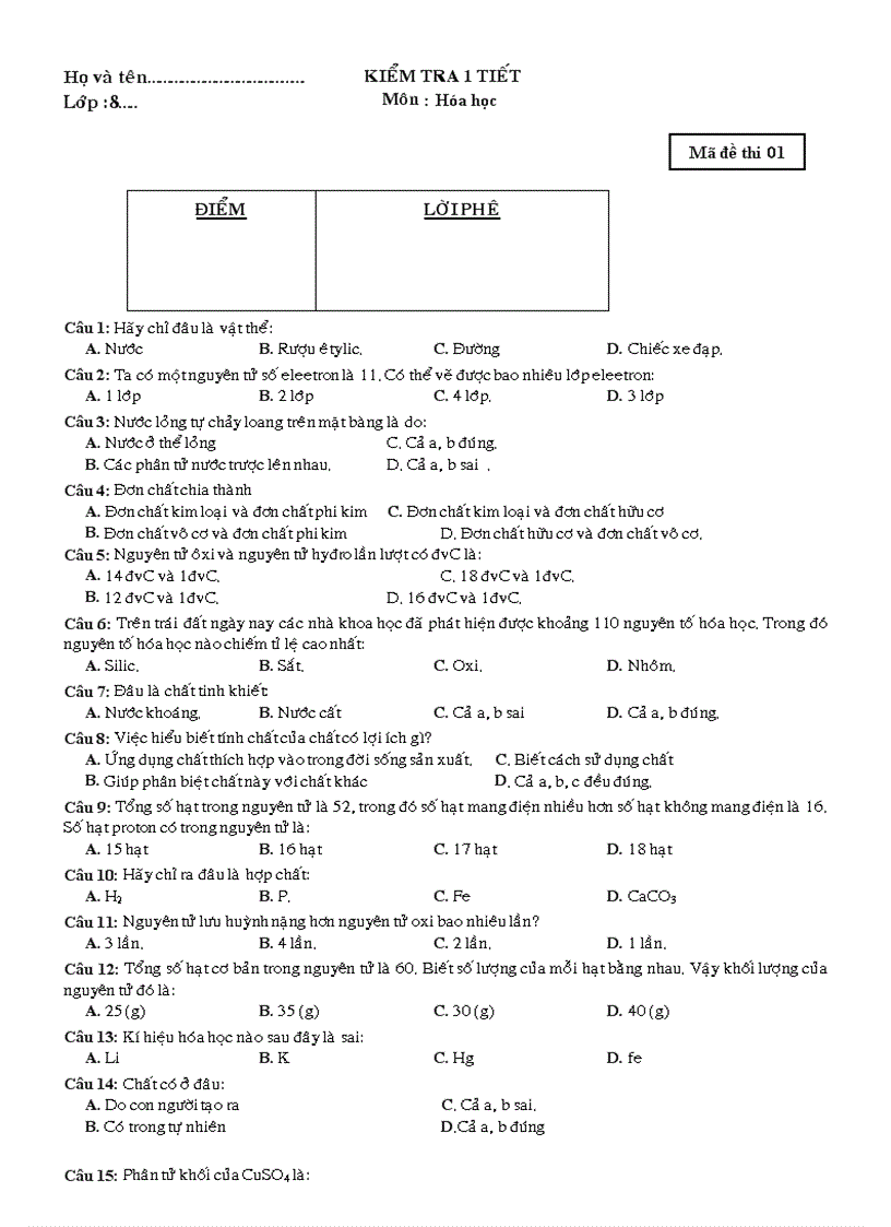 Kiểm tra 1 tiết hóa 8 1