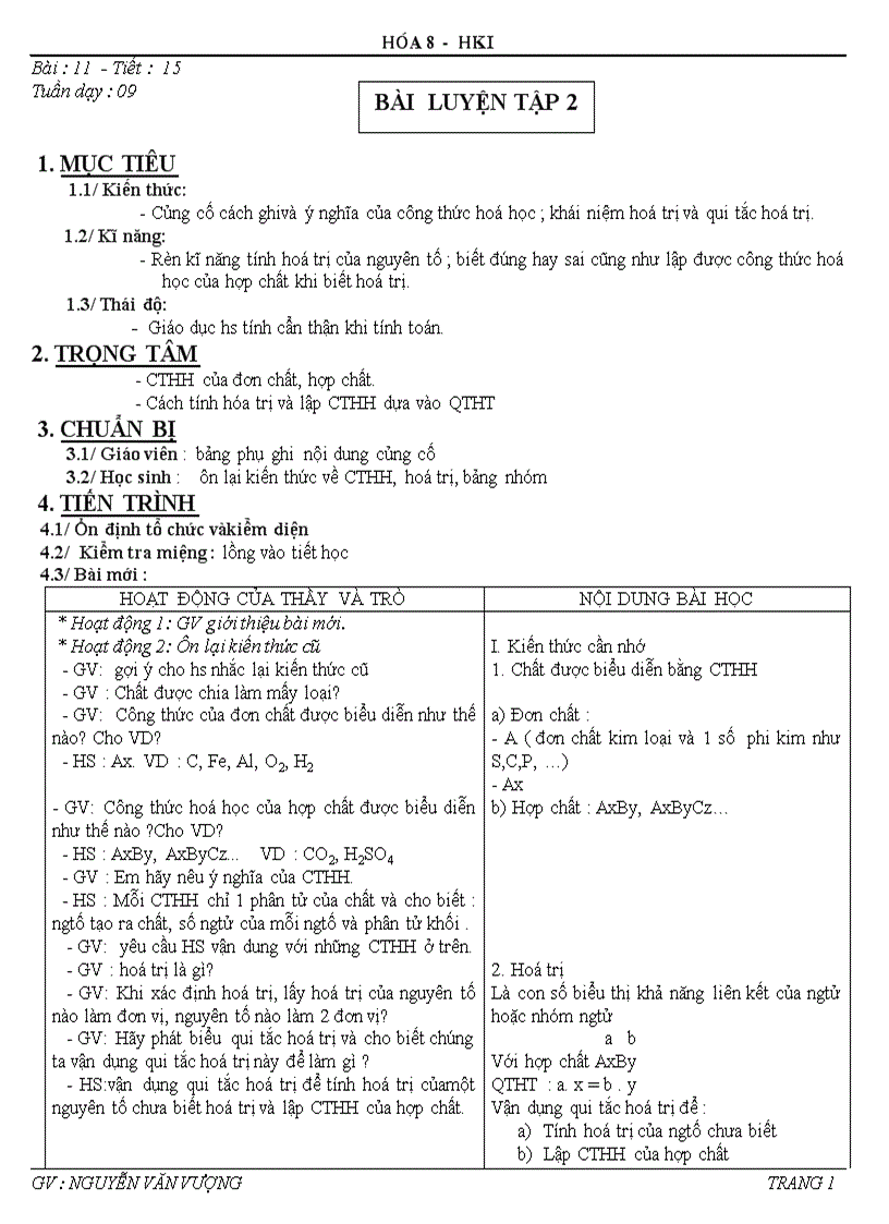 Tiết 15 bài luyện tập 2 hóa 8 nh 2011 2012