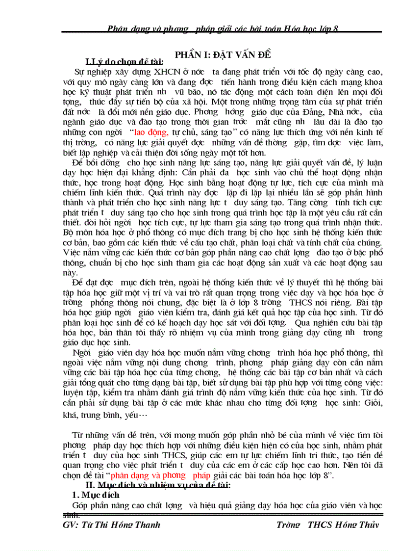 Phân dạng giải toán hóa 8