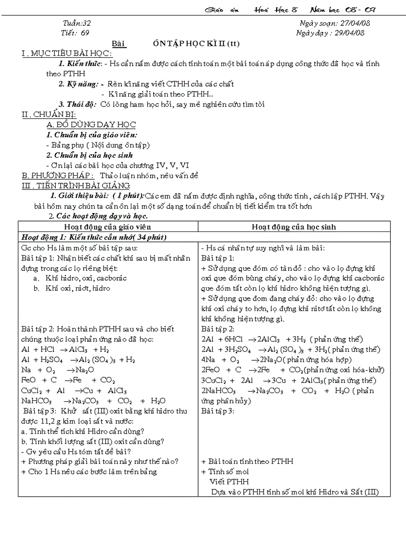 Tiết 69 Ôn tập Hóa 8 HKII