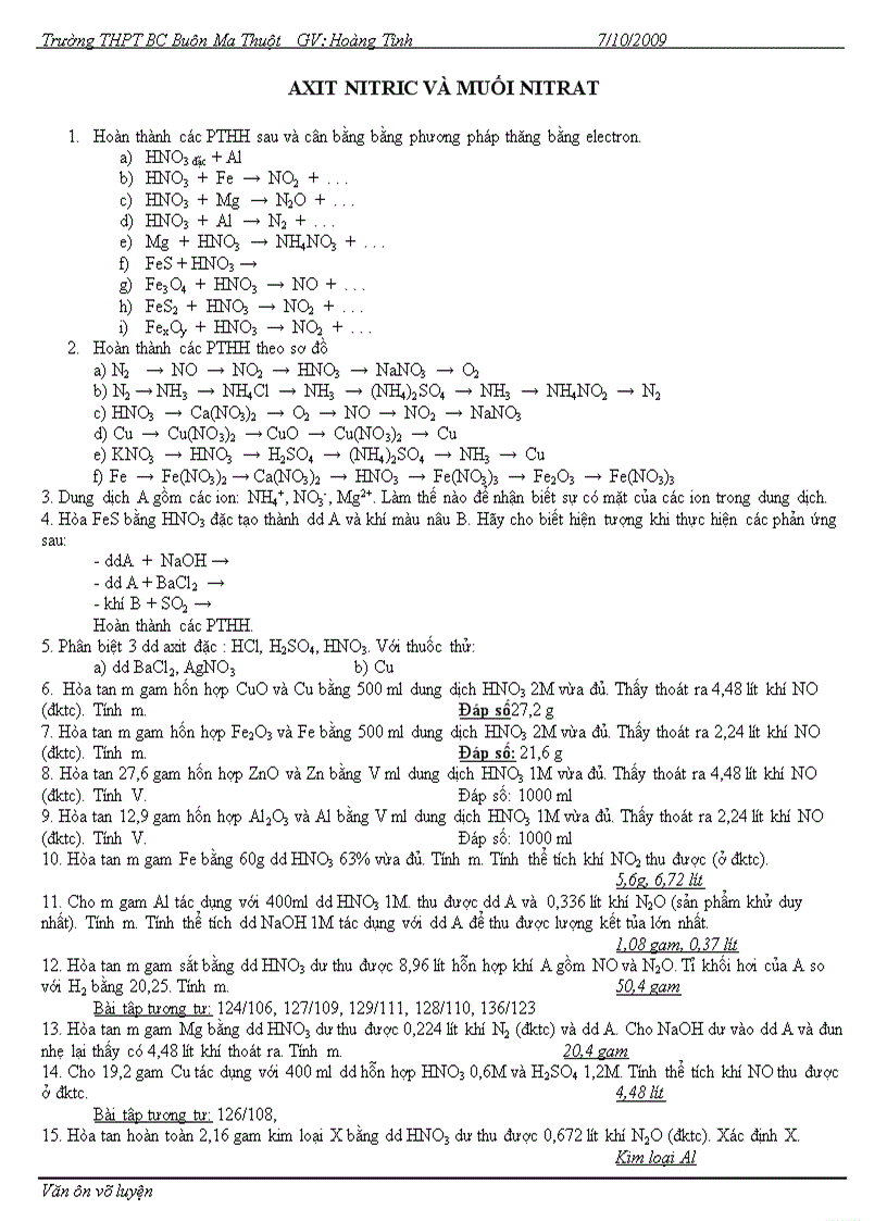 Bài tập về HNO3 và muối nitrat