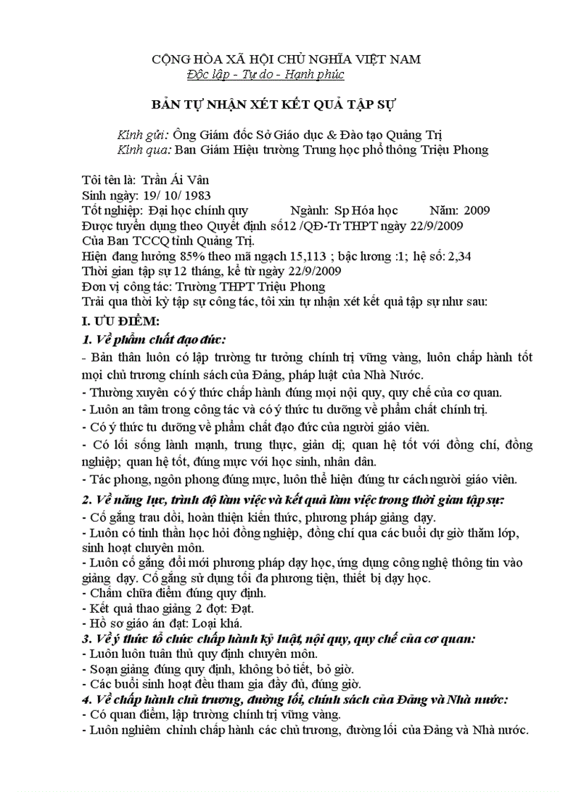 Ban tu nhan xet ket qua tap su