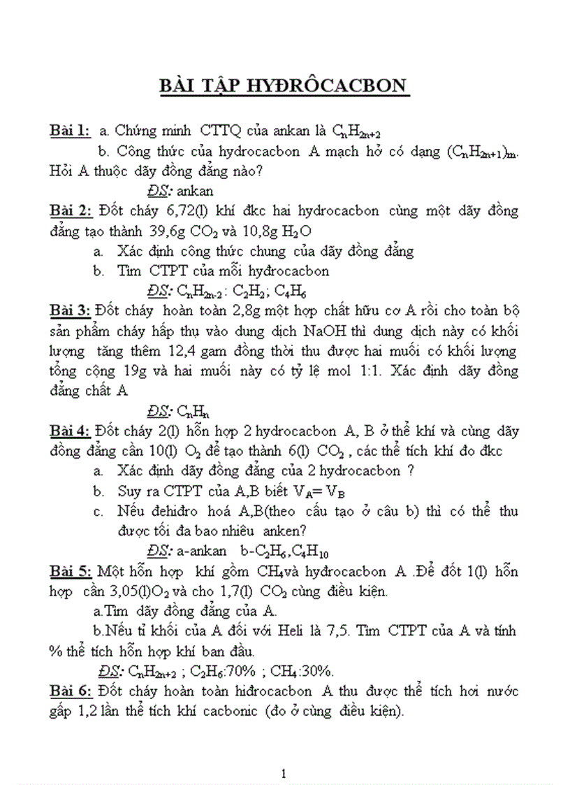 Bài tập hiddrrocacbon có đáp án
