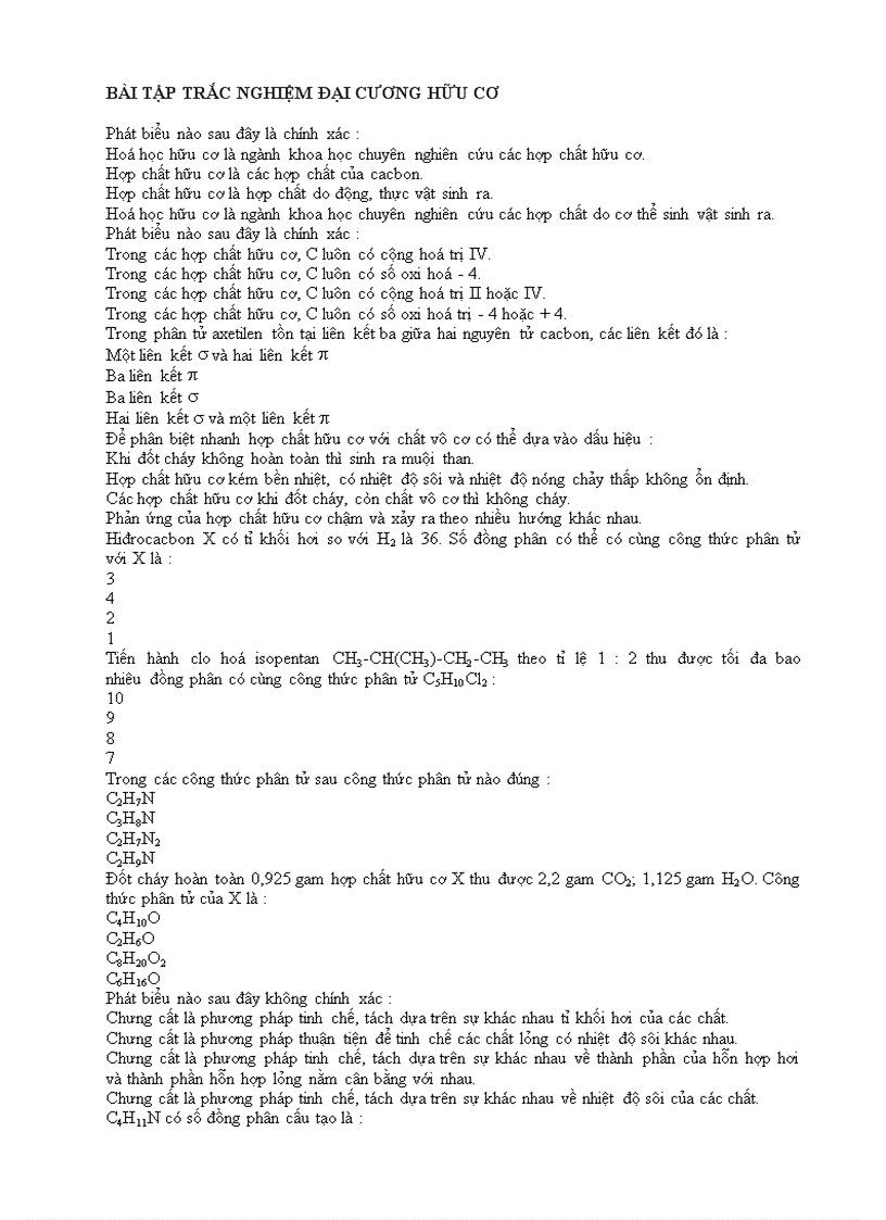 Bài tập trắc nghiệm phần đại cương hữu cơ