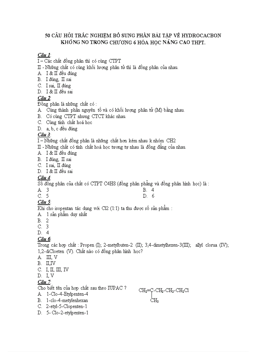 50 câu trắc nghiệm về hiđrocacbon không no