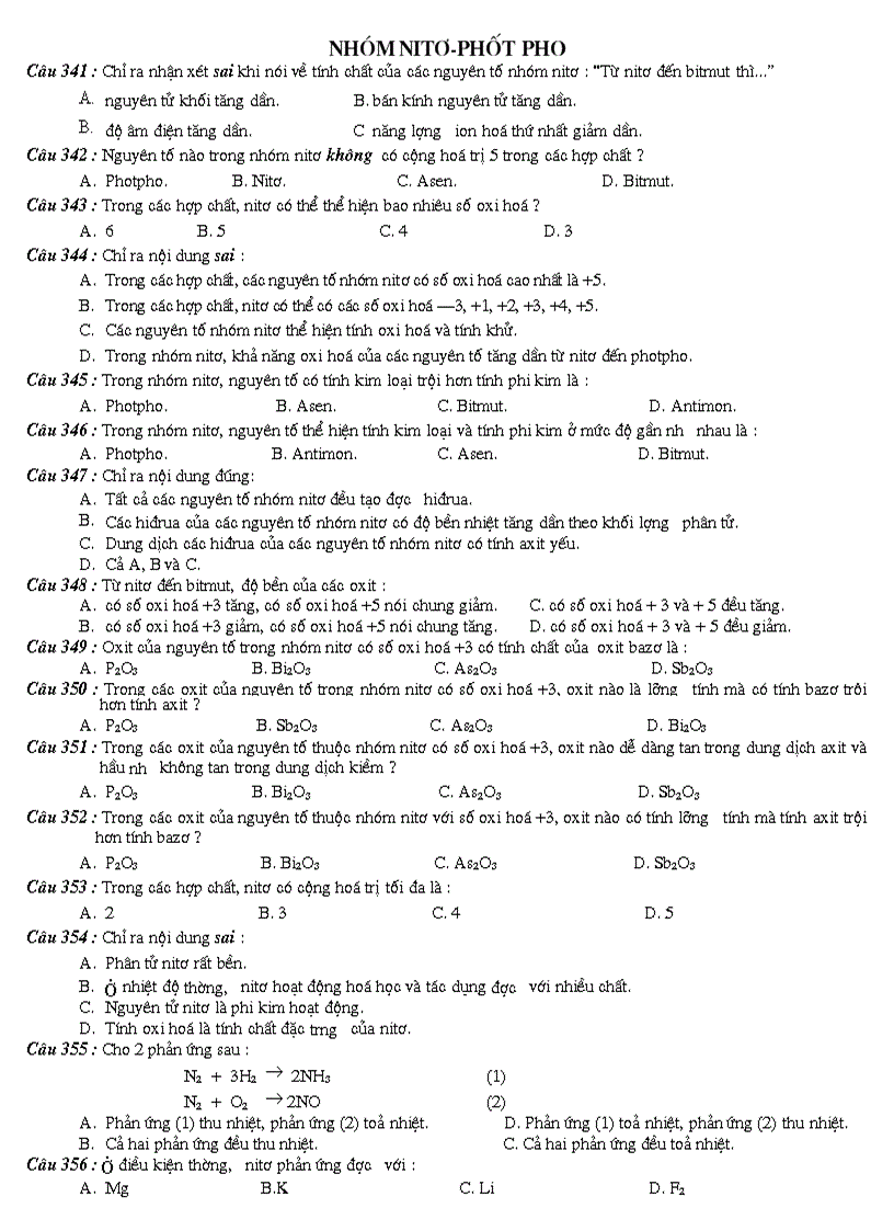 Bài tập trắc nghiệm nitơ photpho mới