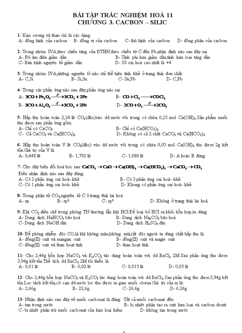 Bài tập trắc nghiệm chương 3 Cacbon Silic