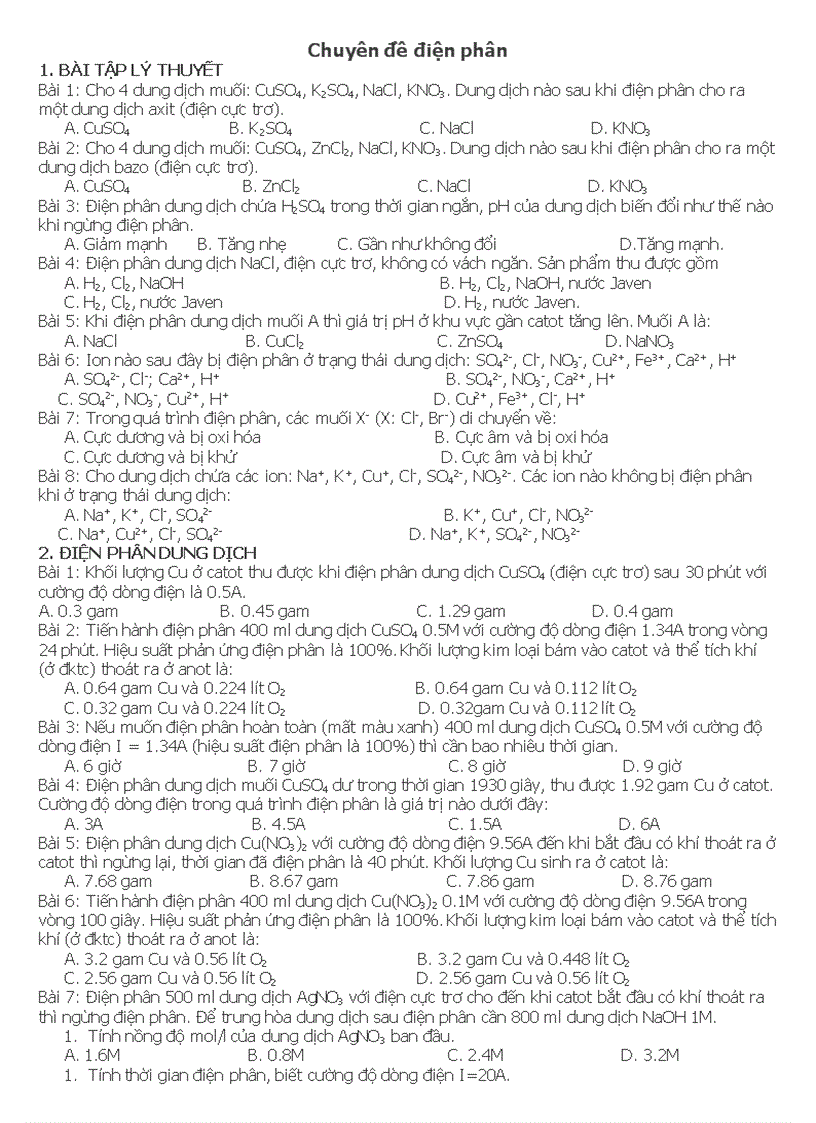 Chuyên đề điện phân trong thi DH CĐ