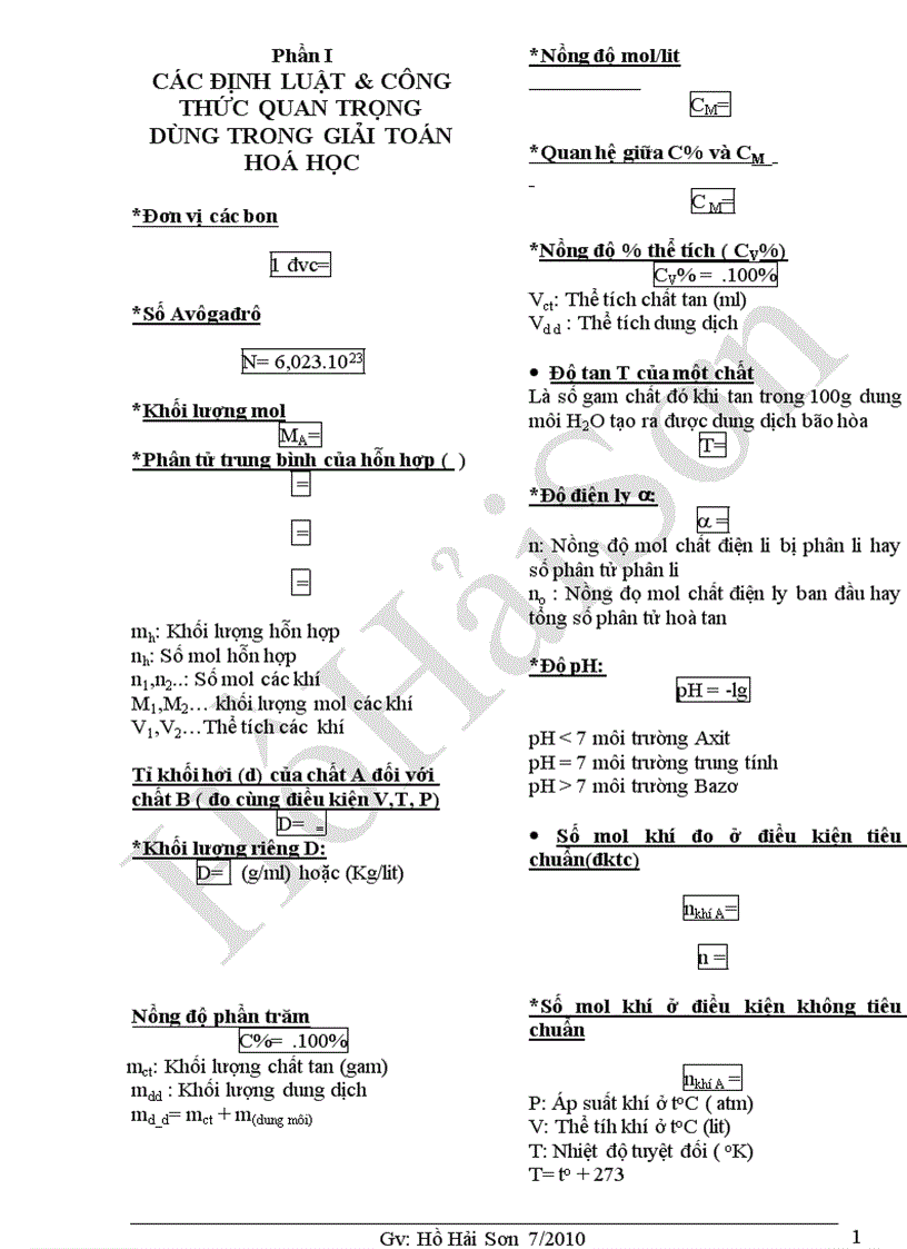 Công thức định luật giải toán hoá học