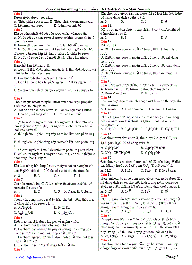 2200 câu hỏi trắc nghiệm hóa học