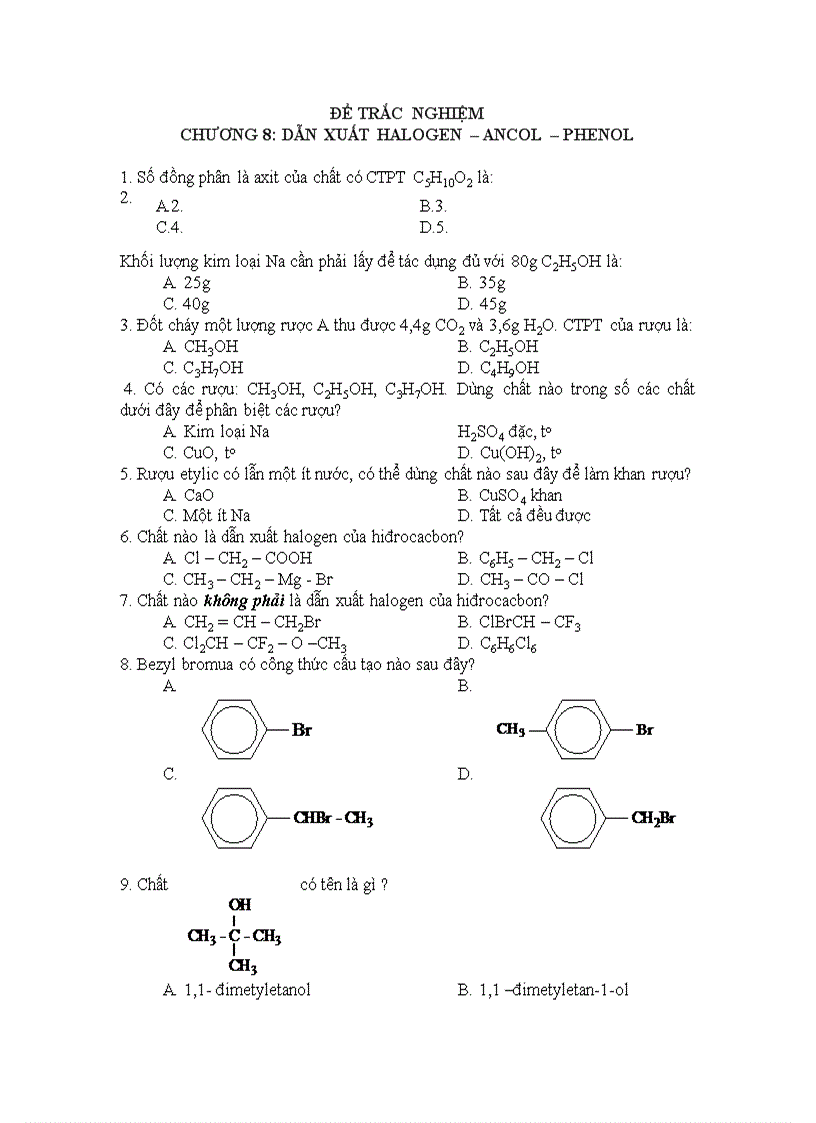 50 câu trắc nghiệm halogen ancol phenol