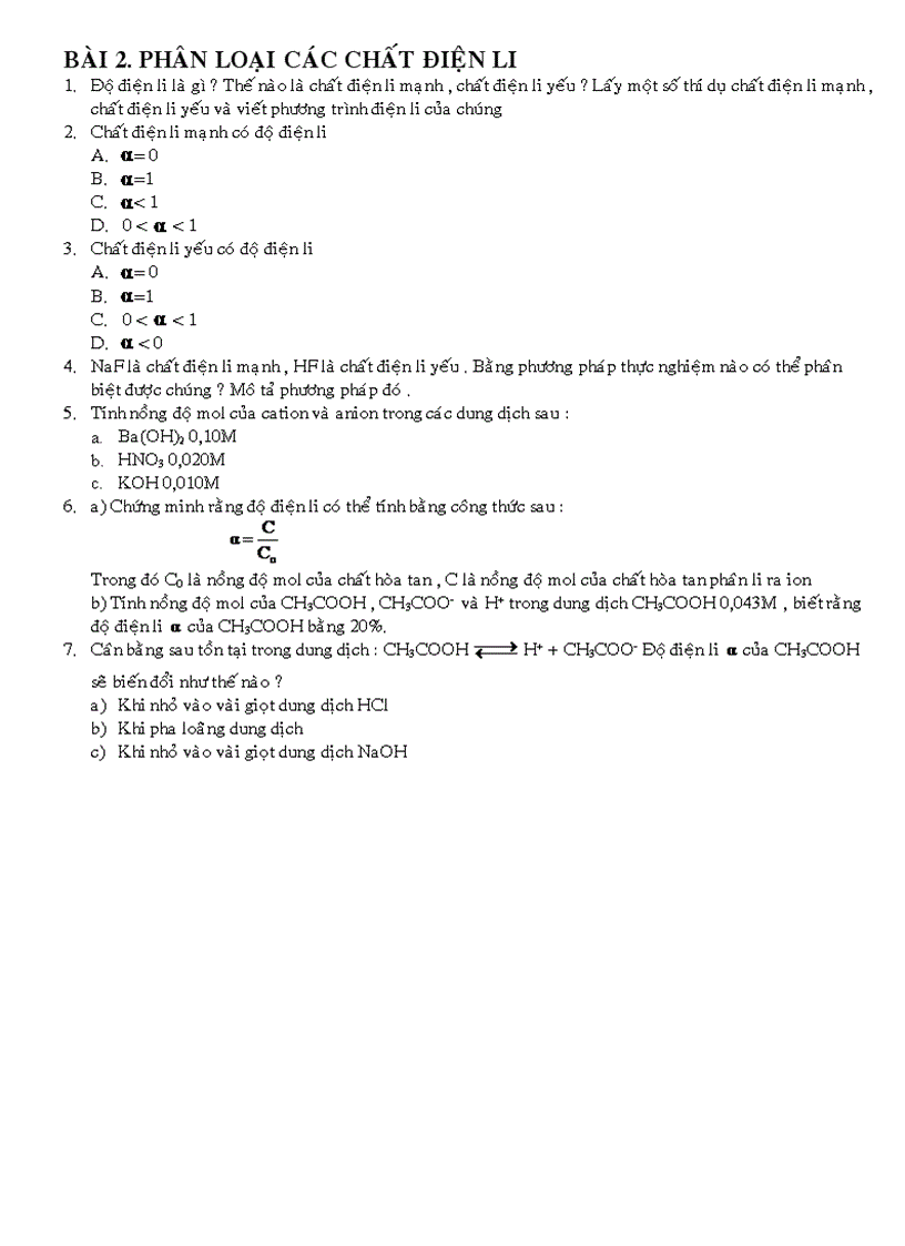 Bài tập phân loại chất điện li