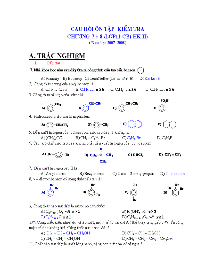 Câu hỏi ôn tập chương 7 8 lớp 11 CB