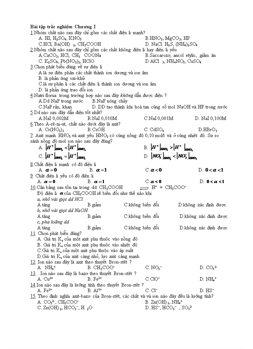 Bài tập trắc nghiệm Chương Điện ly 1