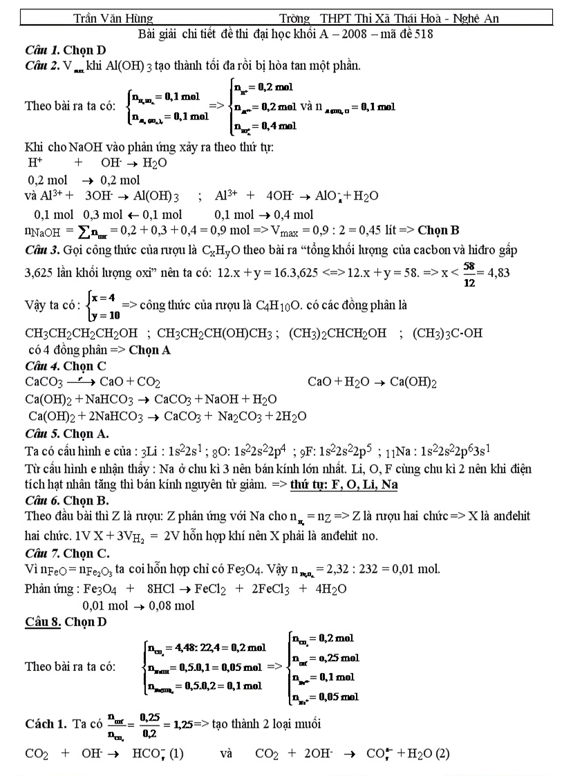 Bài giải chi tiết môn Hóa Khói A năm 2008