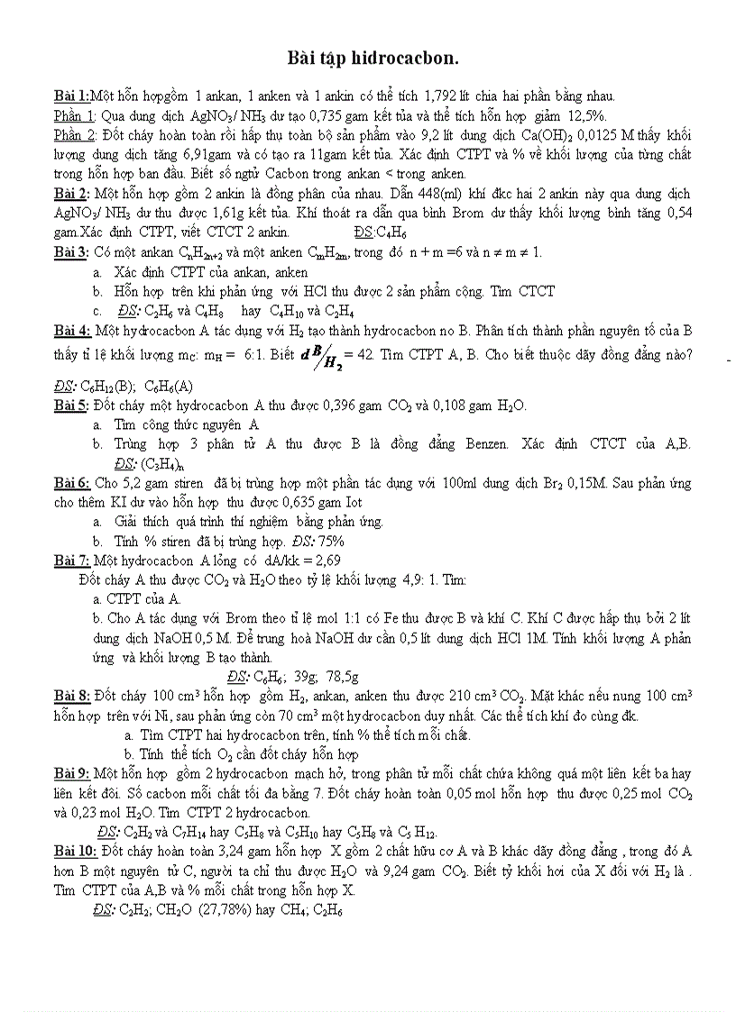 Các bài toán về hidrocacbon hay