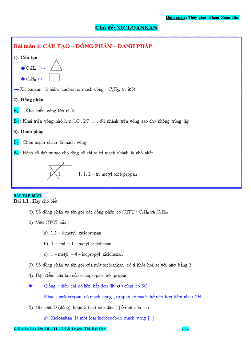 Chuyên đề Xicloankan Hóa 11