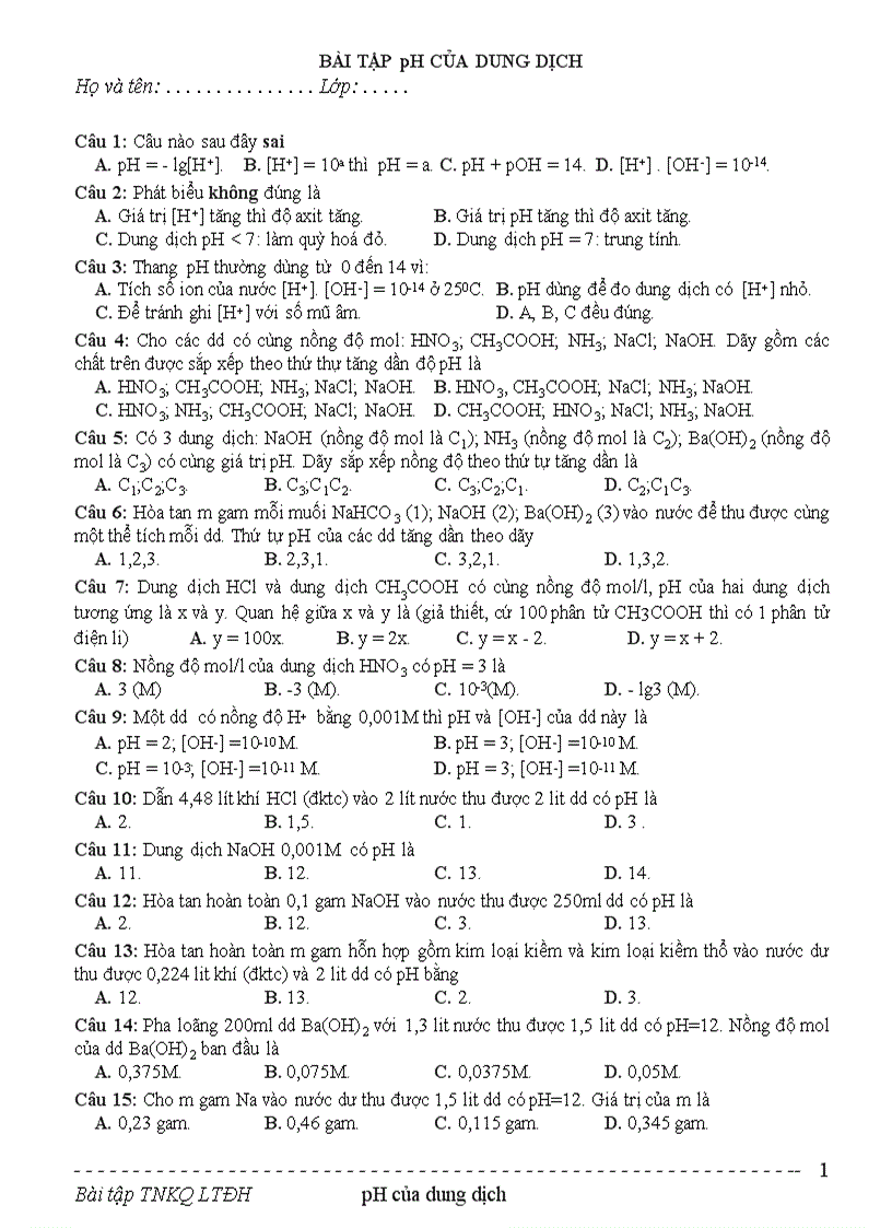 Bài tập về độ pH của dung dịch