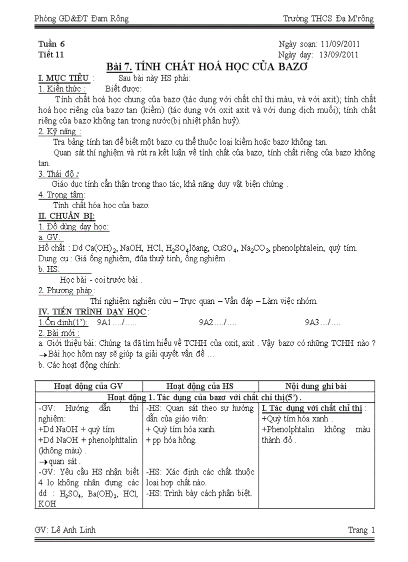 Tiết 11 Tính chất hóa học của bazo