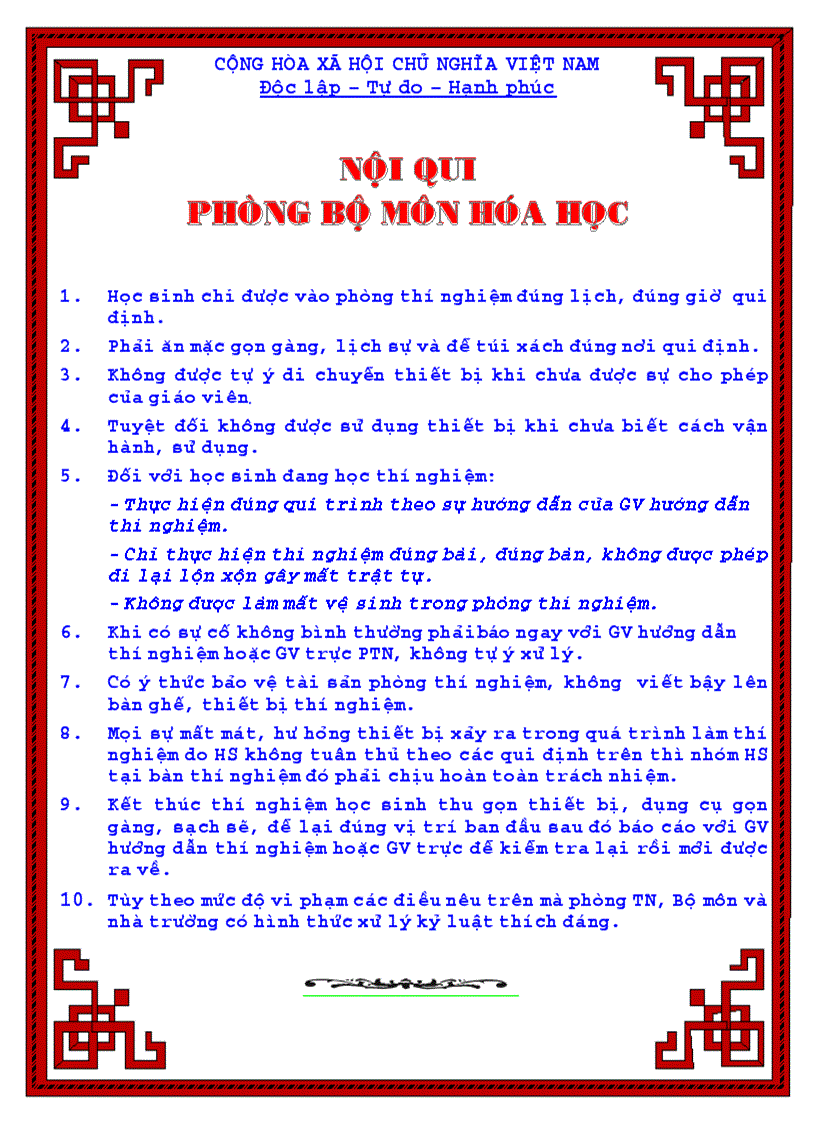 Nội qui phòng bộ môn hoá