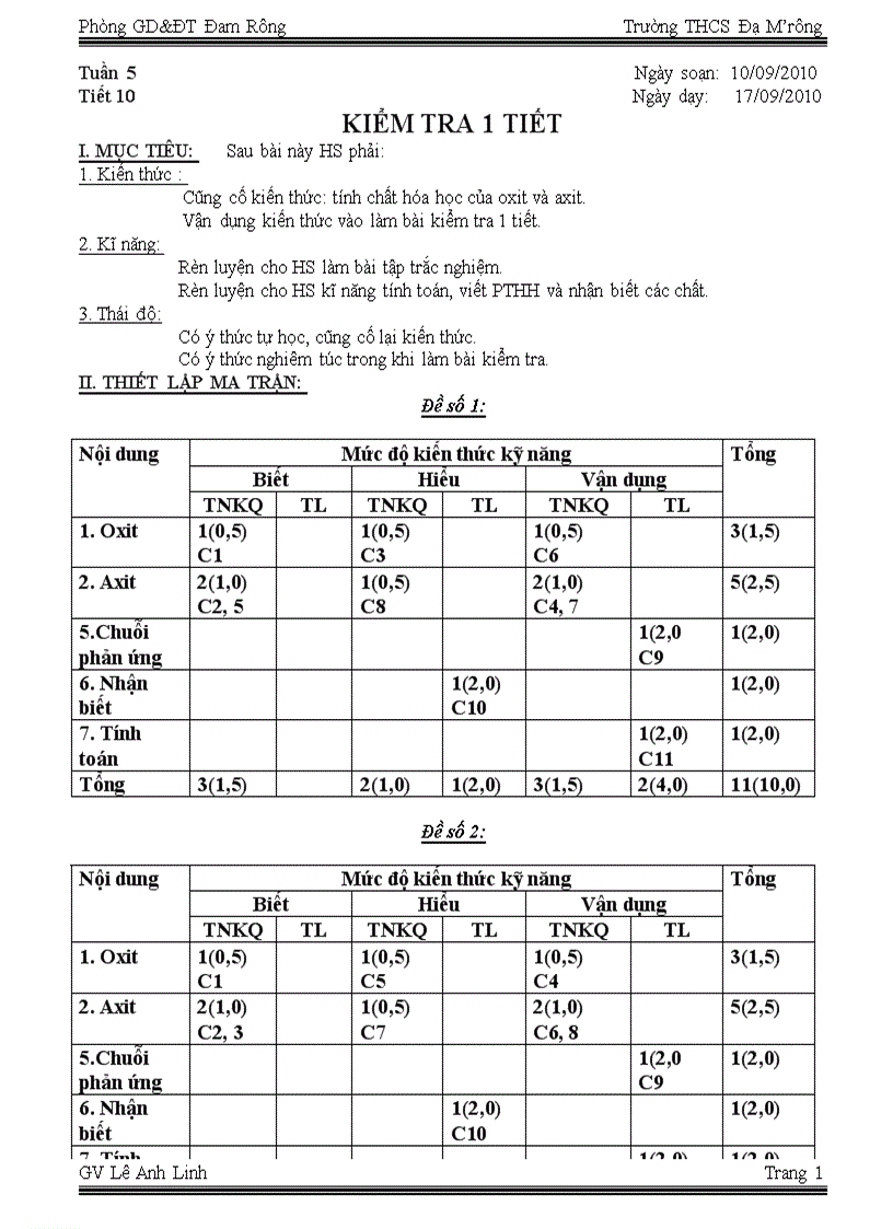 Tiết 10 Bài kiểm tra số 1