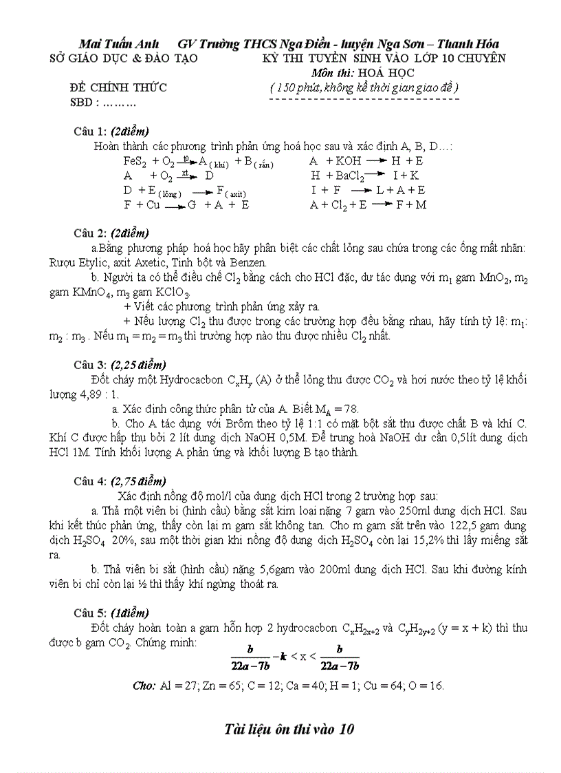 TT Đề thi vào 10 chuyên Hóa