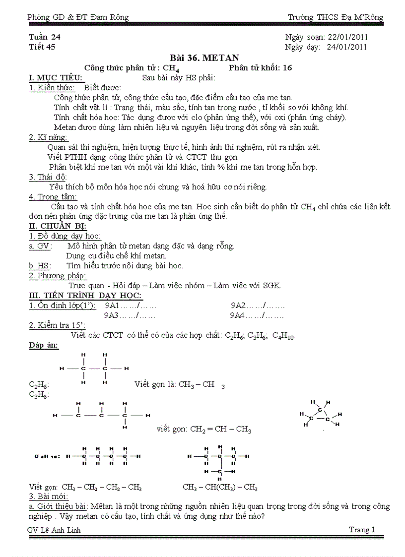 Tuần 24 Tiết 45 Metan