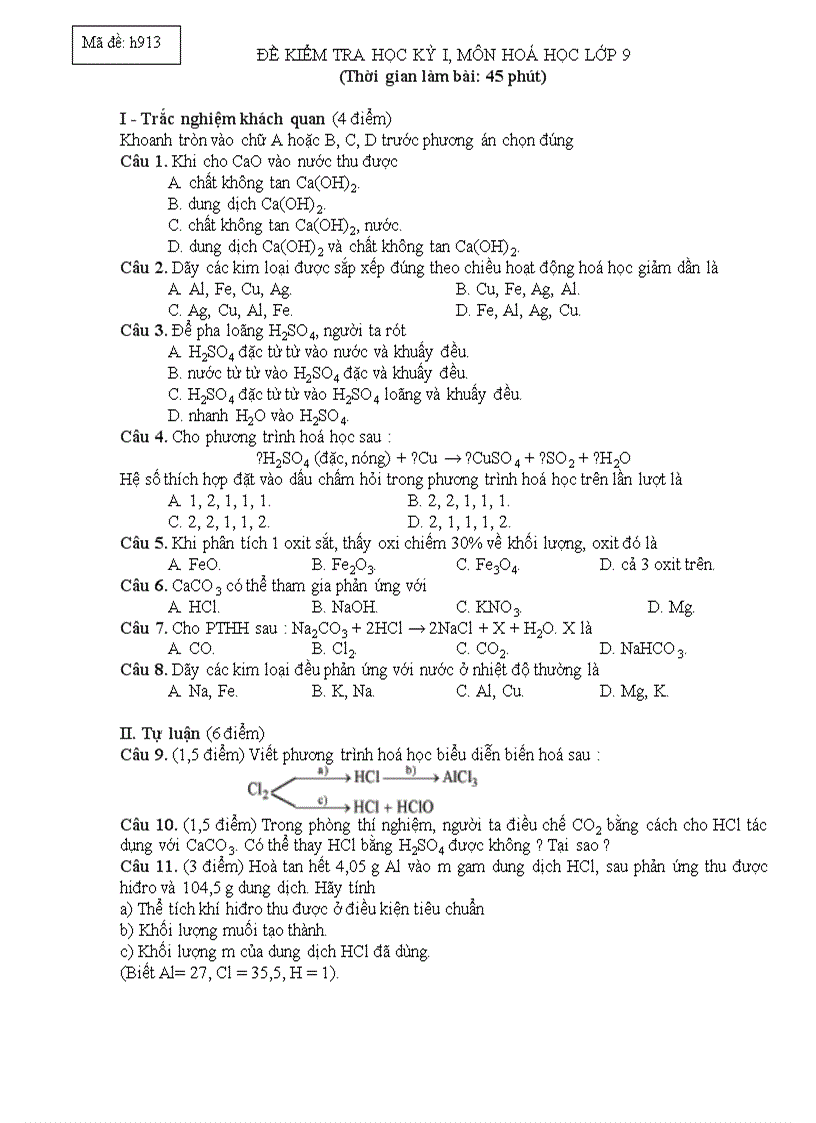 Đề KT hóa 9 1