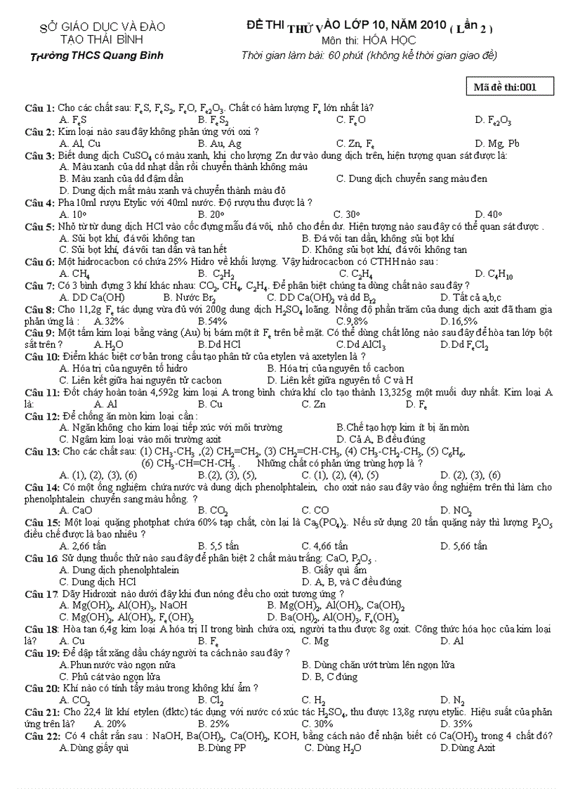 Thái Bình Thi thử vào 10 l2