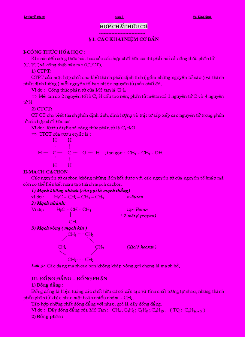 Lý thuyết hóa học hữu cơ HSG 1