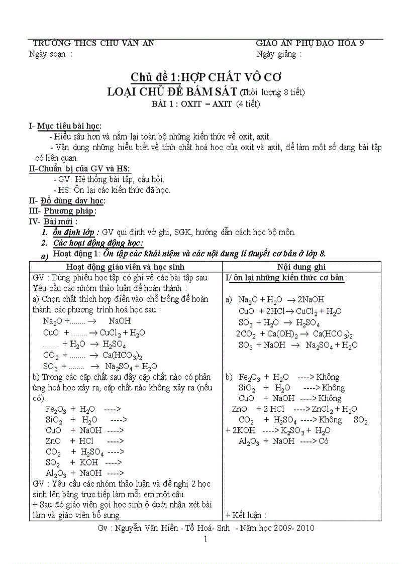 Phụ đạo hoá 9