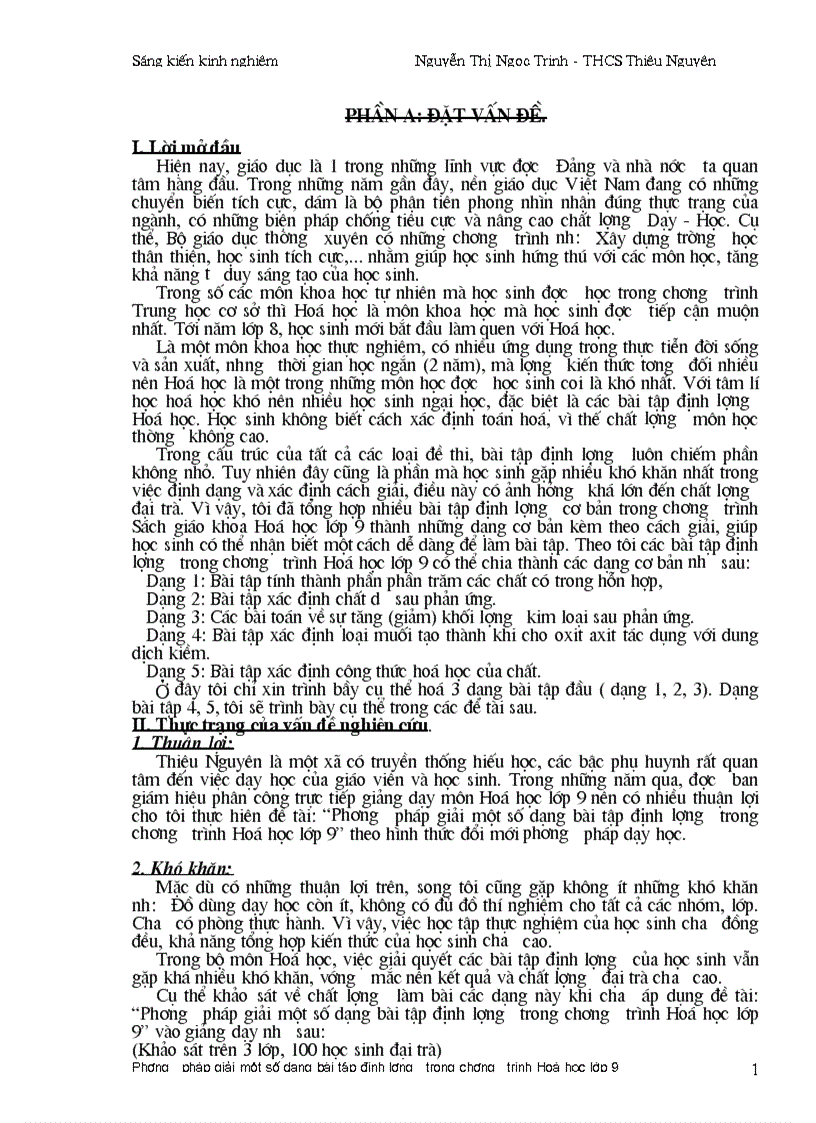 Sáng kiến kinh nghiệm Hóa 9 2011