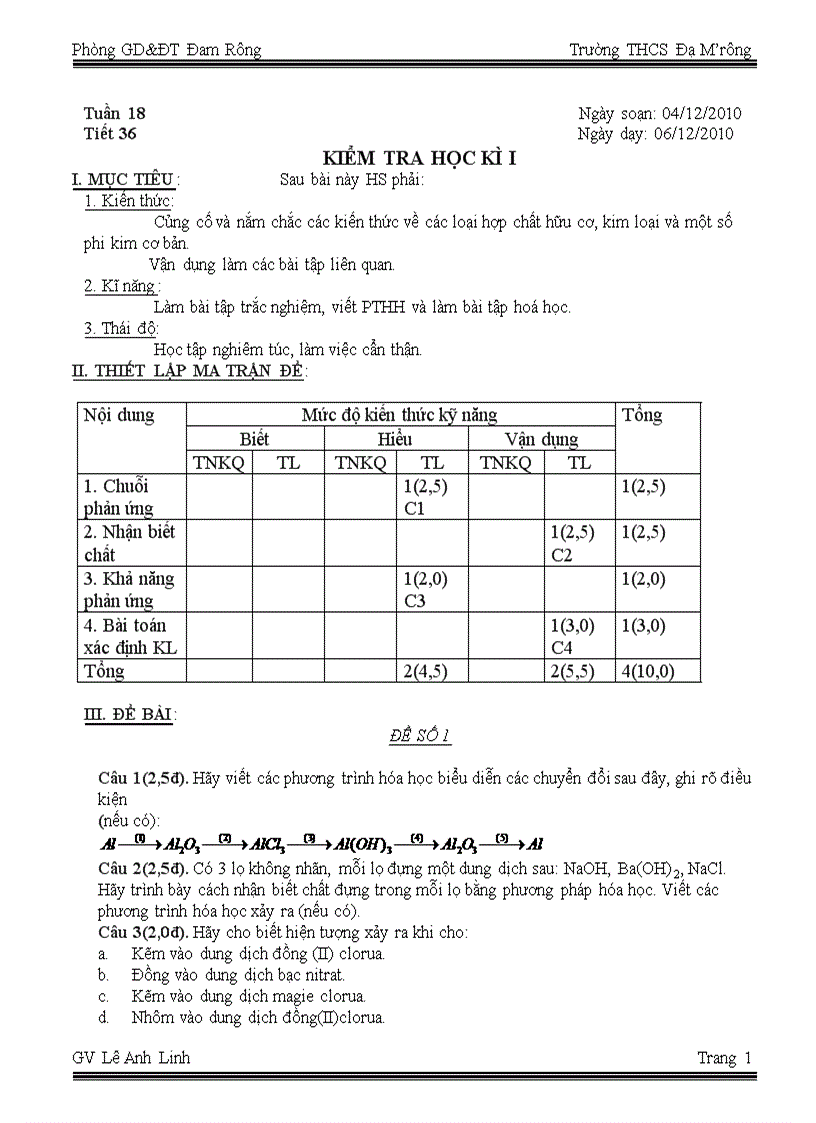 Tuần 18 Tiết 36 Kiểm tra HK I