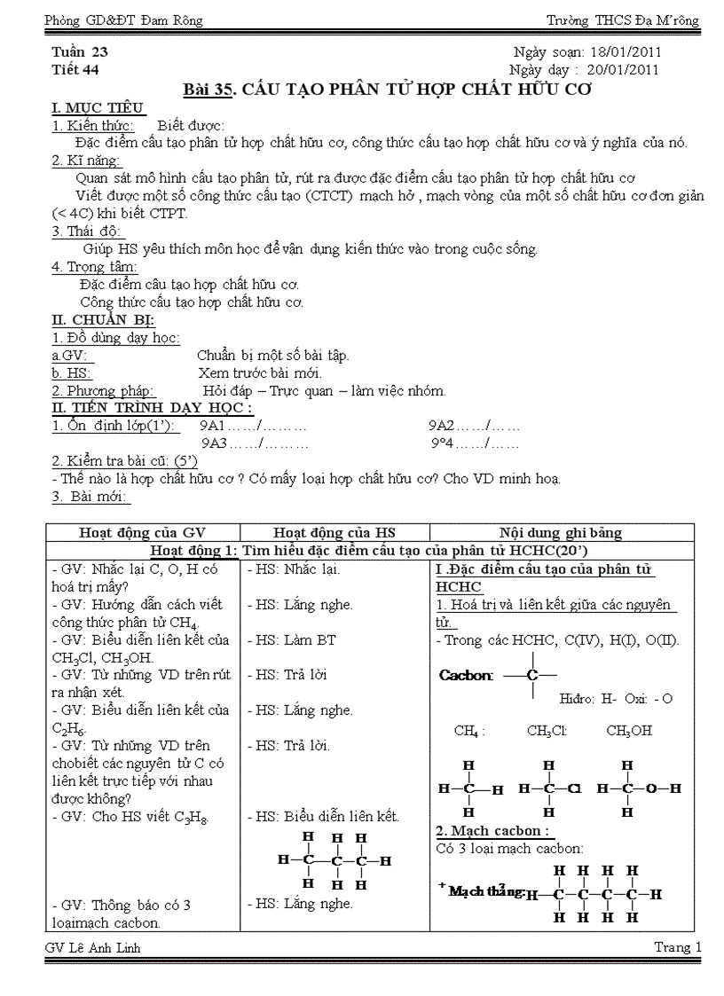 Tuần 23 Tiết 44 Cấu tạo phân tử HCHC