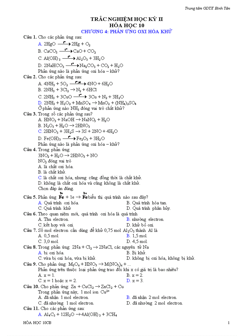 Trắc nghiệm hóa 10 HKII ĐA gdtx