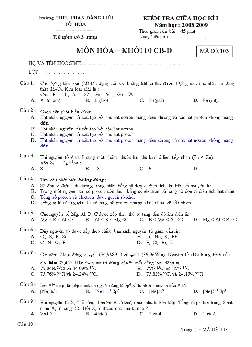 Dề kiểm tra giữa hk1 08 09 hóa 10