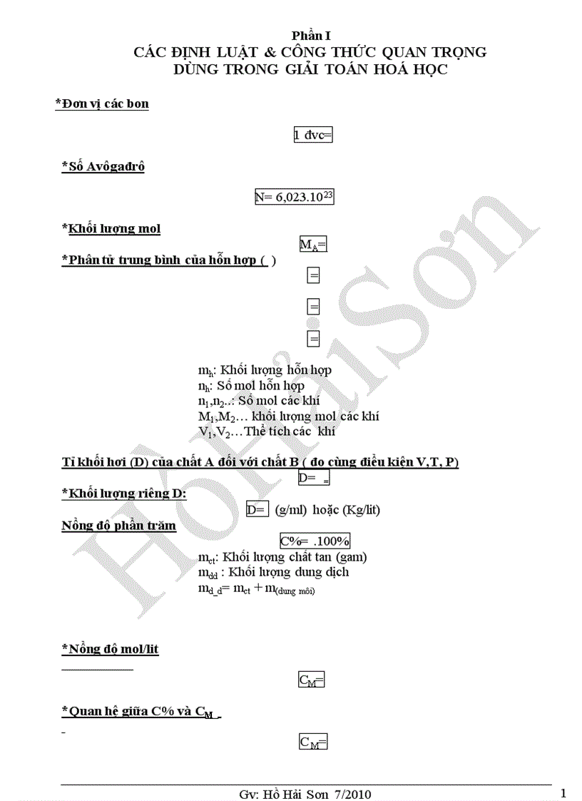 Công thức định luật giải toán hóa học phổ thông
